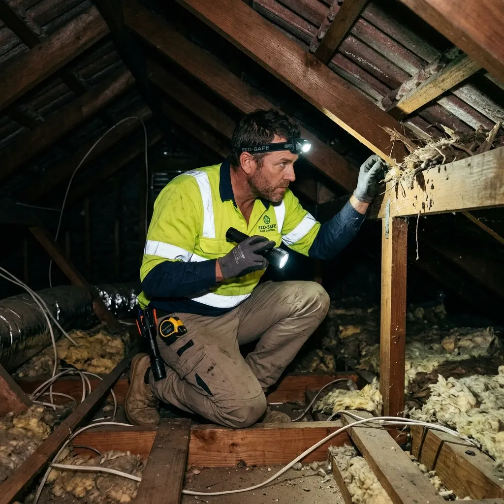 Technician inspecting a roof cavity for a dead animal in Mount Burnett