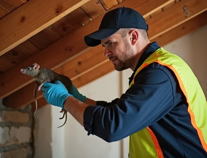 Technician inspecting a roof cavity for a dead rat in Mount Burnett